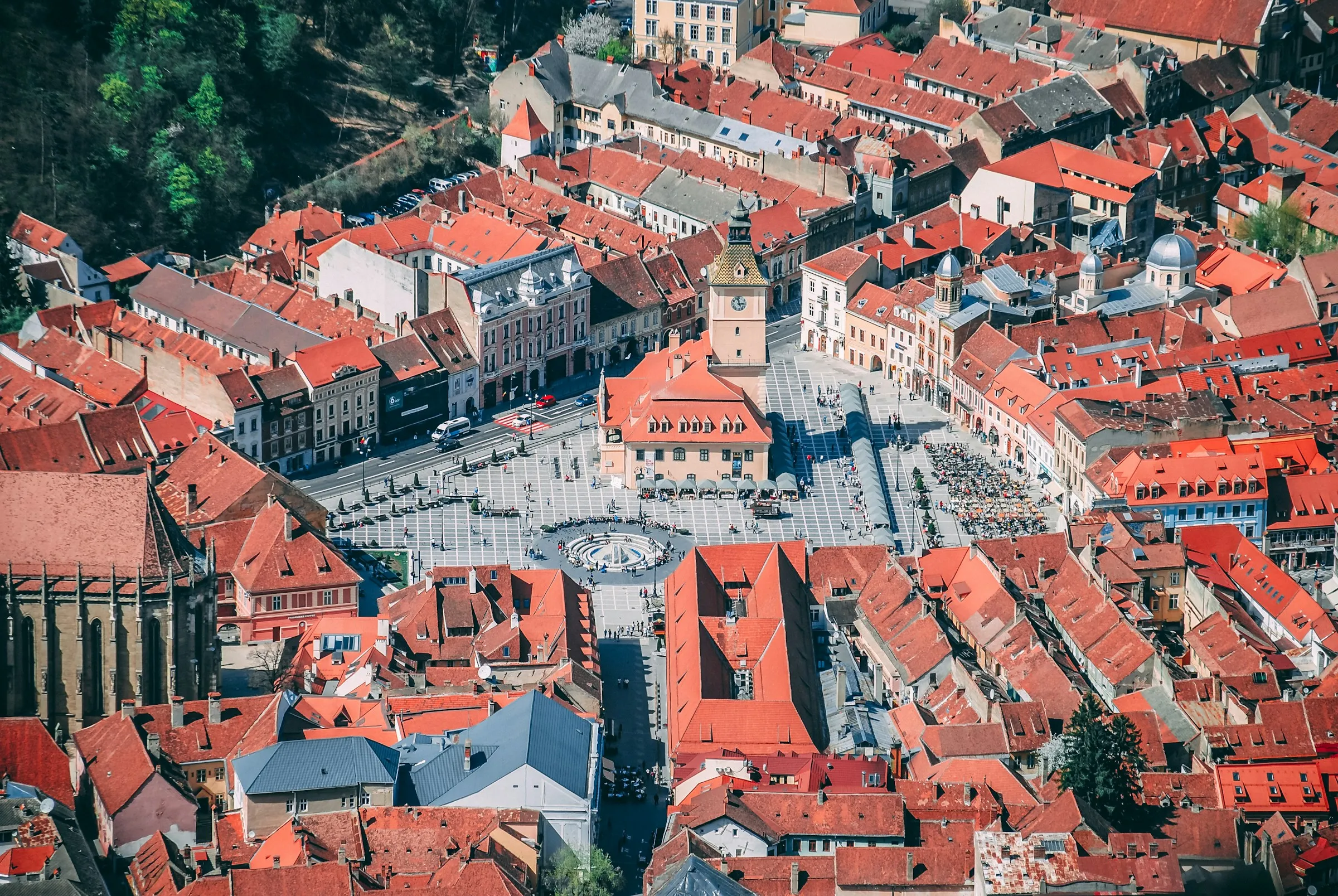 Aerial view of Brasov rooftops and streets